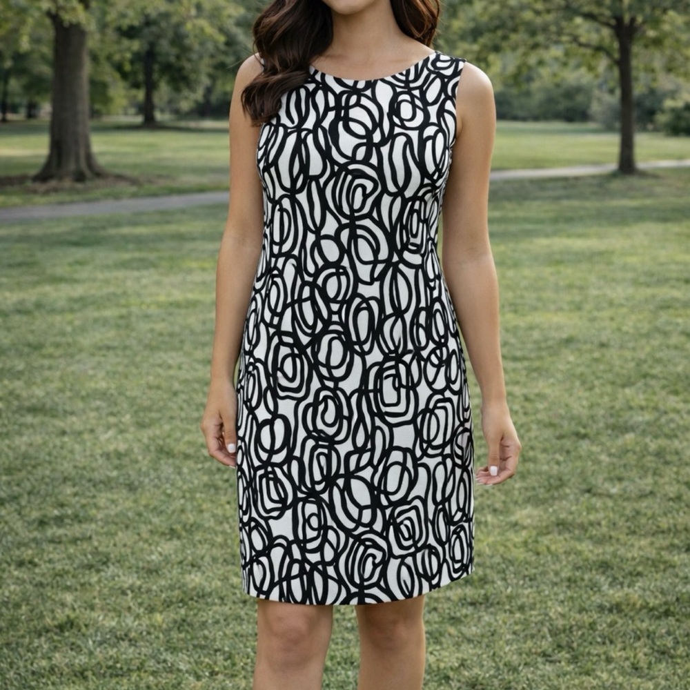 Anne Klein Shift Dress 8 Black White Stretch Career Church Washable